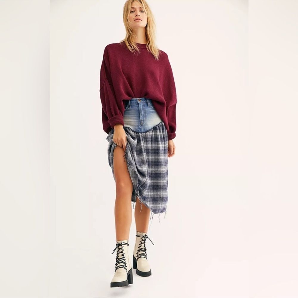 Free People Burgundy Sweater with Blue Plaid Maxi Skirt